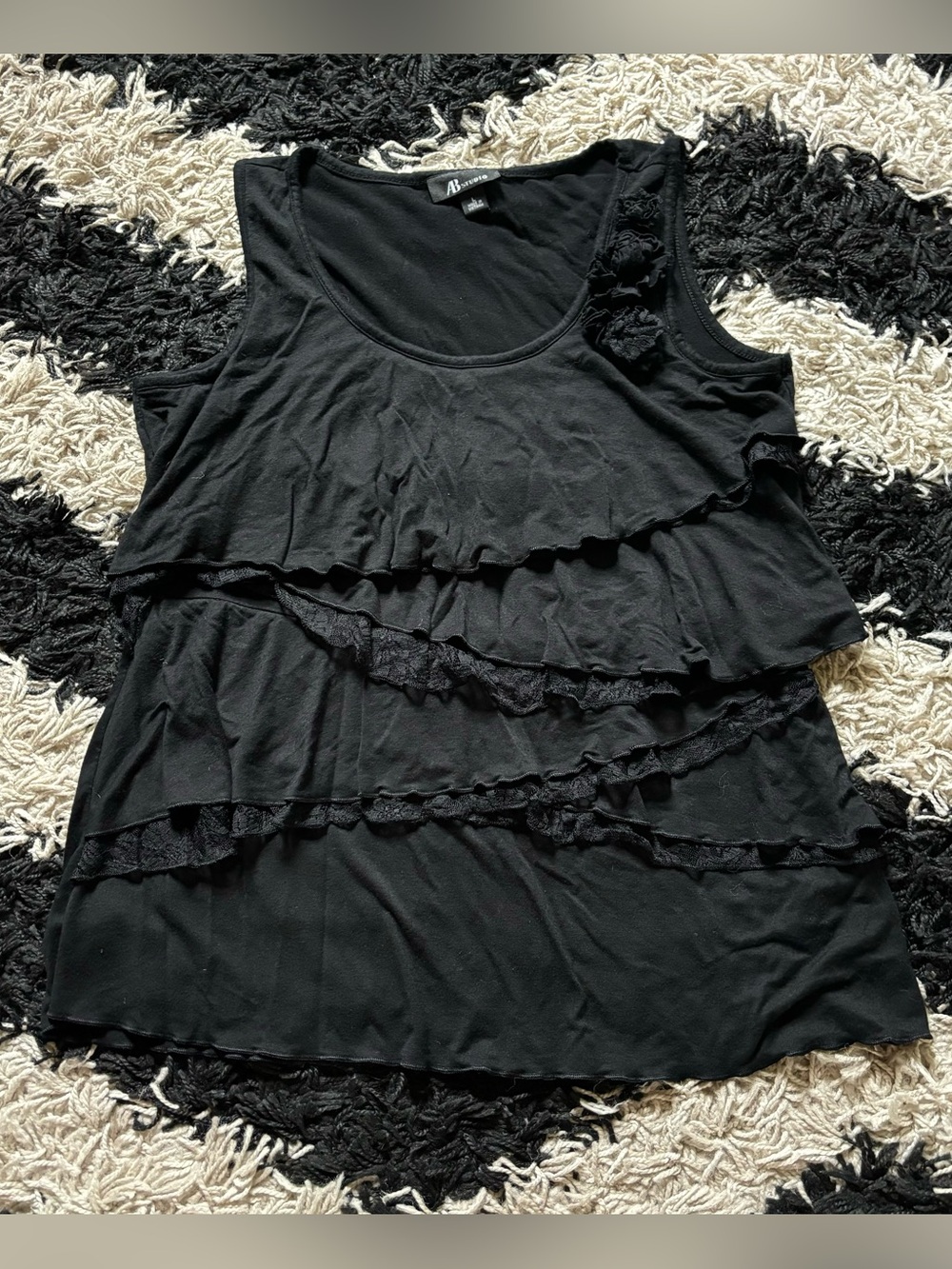 AB Studio Whimsygoth Layered Ruffled 3D Floral Appliqué Flowy Black Tank Top